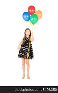 happy girl with colorful balloons over white