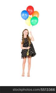 happy girl with colorful balloons over white