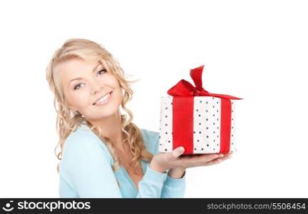 happy girl with gift box over white