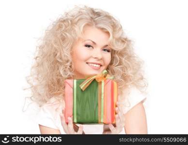happy girl with gift box over white