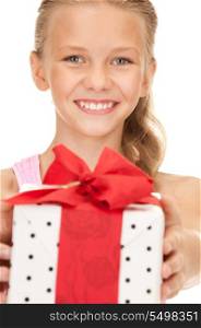 happy girl with gift box over white&#xA;