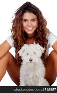 Happy girl with her dog isolated on a white backgroung