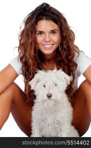 Happy girl with her dog isolated on a white backgroung