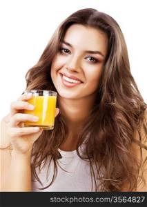 happy girl with orange juice on white background