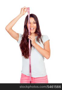 Happy girl with pink tape-measure isolated on a white background