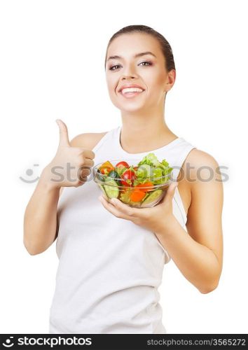 happy girl with salad in hand on white background