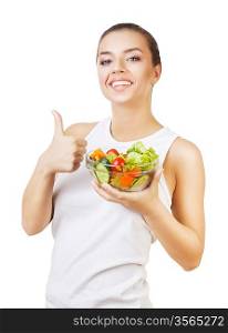 happy girl with salad in hand on white background