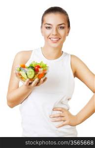 happy girl with salad on white background
