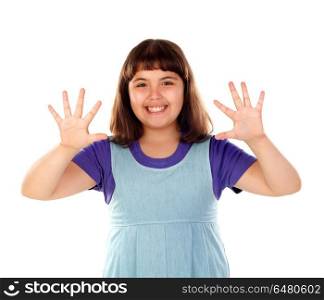 Happy girl with ten years old showing his hands. Happy girl with ten years old showing his hands isolated on a white background