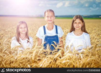 Happy girls meadow weat field