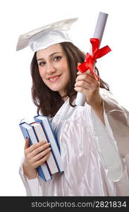 Happy graduate on white background