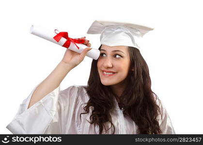 Happy graduate on white background