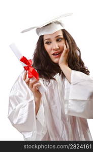 Happy graduate on white background