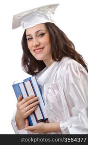 Happy graduate on white background