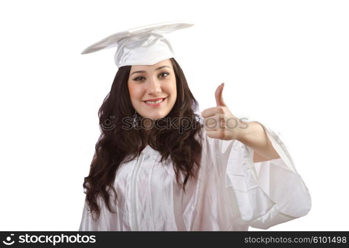 Happy graduate on white background