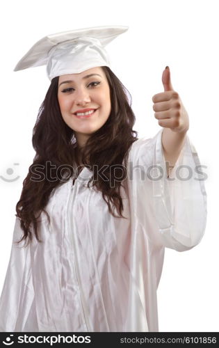 Happy graduate on white background