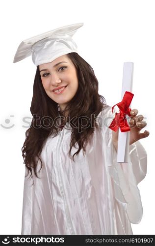 Happy graduate on white background