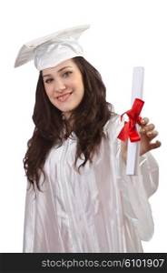 Happy graduate on white background
