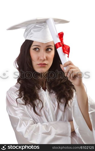 Happy graduate on white background