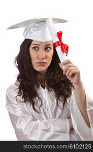 Happy graduate on white background