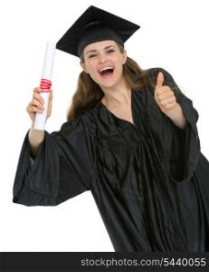 Happy graduation student girl with diploma showing thumbs up