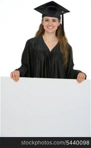 Happy graduation student woman holding blank billboard