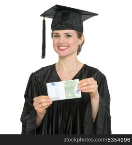 Happy graduation student woman showing pack of euros. HQ photo. Not oversharpened. Not oversaturated. Happy graduation student woman showing pack of euros isolated