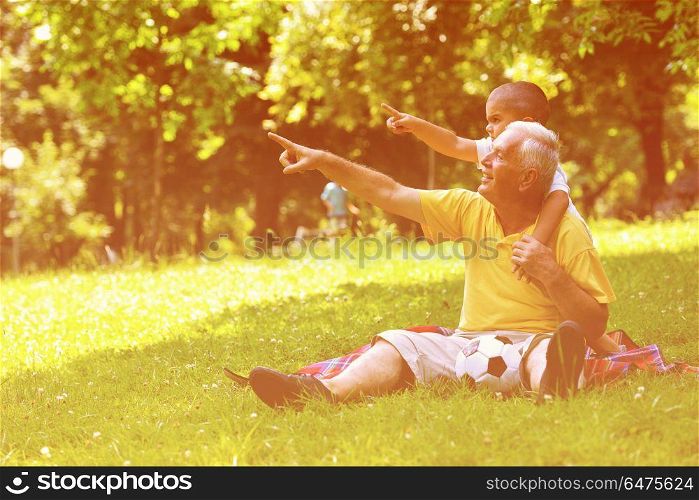 happy grandfather and child have fun and play in park. happy grandfather and child in park