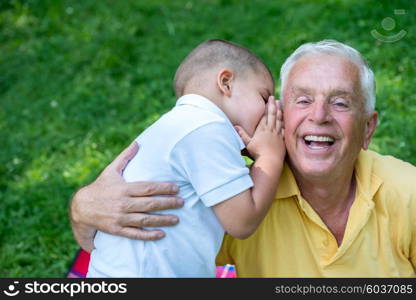 happy grandfather and child have fun and play in park on beautiful sunny day