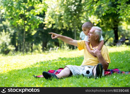 happy grandfather and child have fun and play in park on beautiful sunny day