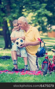 happy grandfather and child have fun and play in park on beautiful sunny day. grandfather and child have fun in park