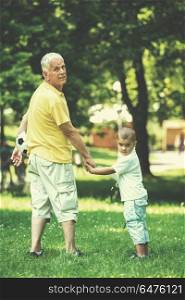 happy grandfather and child have fun and play in park on beautiful sunny day. grandfather and child have fun in park