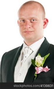happy groom with flower portrait, cut out from white