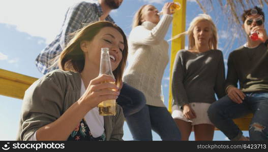 Happy Group Of Friends Hanging Out At Beach House having fun and drinking beer on autumn day