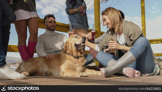 Happy Group Of Friends Hanging Out At Beach House having fun and drinking beer on autumn day