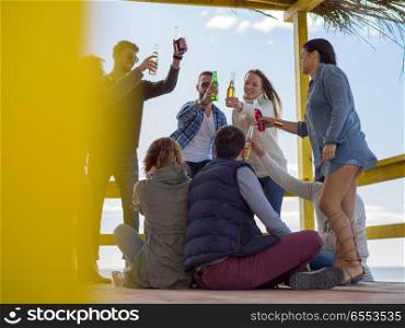 Happy Group Of Friends Hanging Out At Beach House having fun and drinking beer on autumn day. Group of friends having fun on autumn day at beach