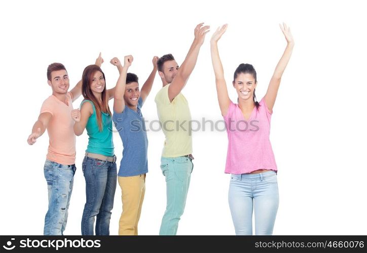 Happy group of friends isolated on white background