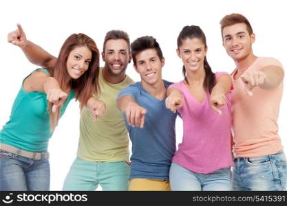 Happy group of friends saying pointing at camera isolated on white background