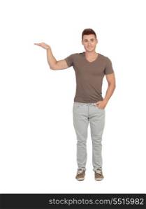 Happy guy showing the height of something with his hand isolated on a white background