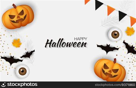 Happy Halloween. Composition with pumpkins, balloons and bats, holiday decorations. Realistic vector.. Happy Halloween. Composition with pumpkins, balloons and bats, holiday decorations. Realistic vector illustration.