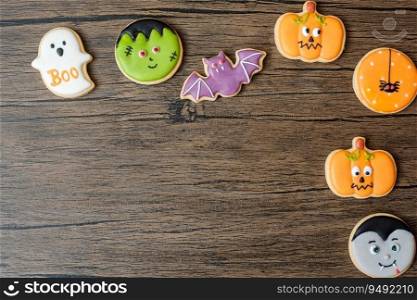 Happy Halloween day with funny Cookies set on wooden table background. Trick or Threat, Hello October, fall autumn, Festive, party and holiday concept