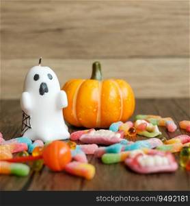 Happy Halloween day with ghost candies, candle, pumpkin, Jack O lantern and decorative  selective focus . Trick or Threat, Hello October, fall autumn, Festive, party and holiday concept
