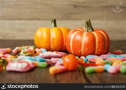 Happy Halloween day with ghost candies, pumpkin, Jack O lantern and decorative (selective focus). Trick or Threat, Hello October, fall autumn, Festive, party and holiday concept