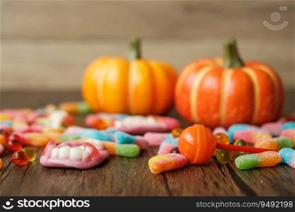 Happy Halloween day with ghost candies, pumpkin, Jack O lantern and decorative (selective focus). Trick or Threat, Hello October, fall autumn, Festive, party and holiday concept
