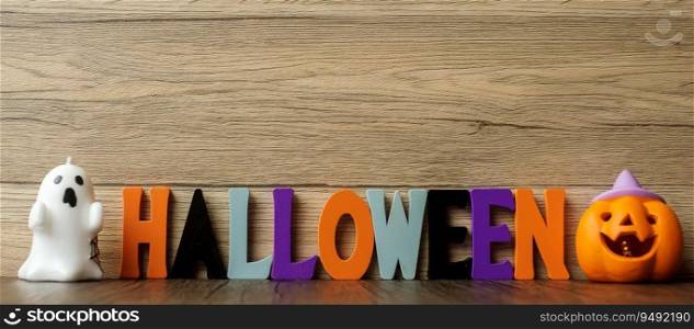 Happy Halloween day with ghost, pumpkin,  bowl and decorative. Trick or Threat, Hello October, fall autumn, Festive, party and holiday concept