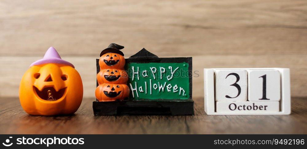 Happy Halloween day with Jack O lantern pumpkin and 31 October calendar. Trick or Threat, Hello October, fall autumn, Festive, party and holiday concept