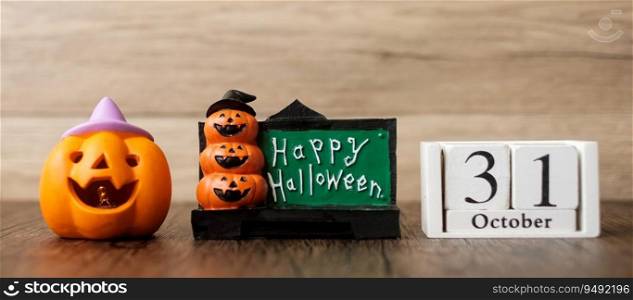 Happy Halloween day with Jack O lantern pumpkin and 31 October calendar. Trick or Threat, Hello October, fall autumn, Festive, party and holiday concept