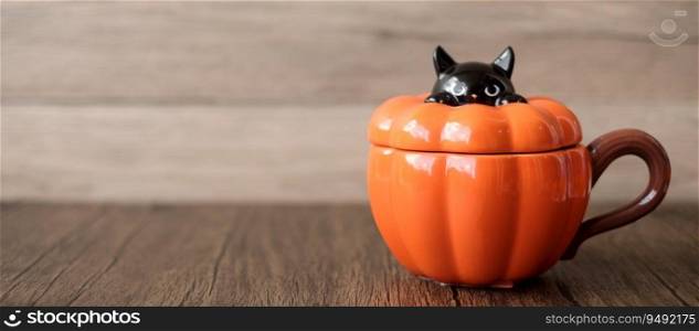 Happy Halloween day with pumpkin bowl of candies and decorative. Trick or Threat, Hello October, fall autumn, Festive, party and holiday concept