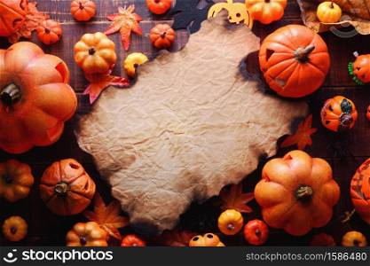 Happy Halloween decoration concept and frame paper top view with copy space.