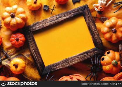 Happy Halloween decoration concept and frame top view with copy space.